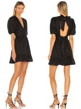 Faithfull The Brand Womens Black Linen Tie Back Dress Balloon Sleeves 6